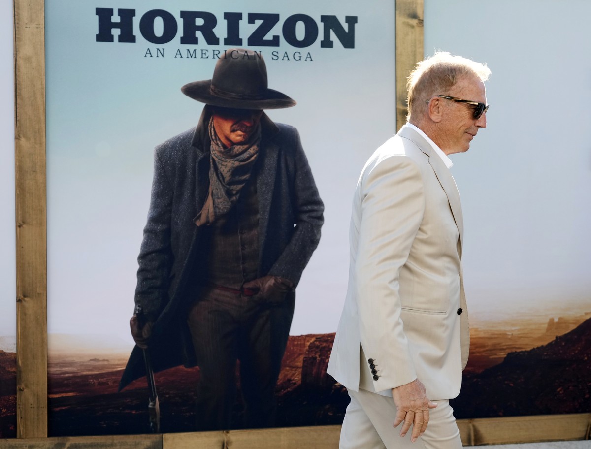 Kevin Costner, the director, co-writer and star of "Horizon: An American Saga," arrives at the premiere of the film at the Regency Village Theatre, Monday, July 24, 2024, in Los Angeles. (AP ...