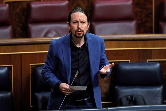 epa08446429 Spanish second Deputy Prime Minister, Pablo Iglesias, intervenes during question time at the Lower House in Madrid, Spain, 27 May 2020. EPA/Chema Moya