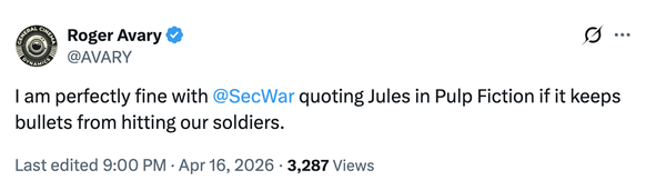 «Pulp Fiction»-Co-Drehbuchautor Roger Avary äussert sich dazu, dass Pete Hegseth während eines Gottesdienstes im Pentagon im April 2026 einen fiktiven Bibelvers aus «Pulp Fiction» rezitierte.