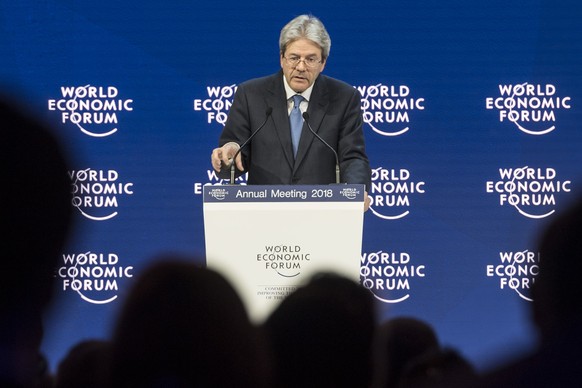 Paolo Gentiloni, Prime Minister of Italy, adresses a plenary session during the 48th Annual Meeting of the World Economic Forum, WEF, in Davos, Switzerland, Wednesday, January 24, 2018. The meeting br ...