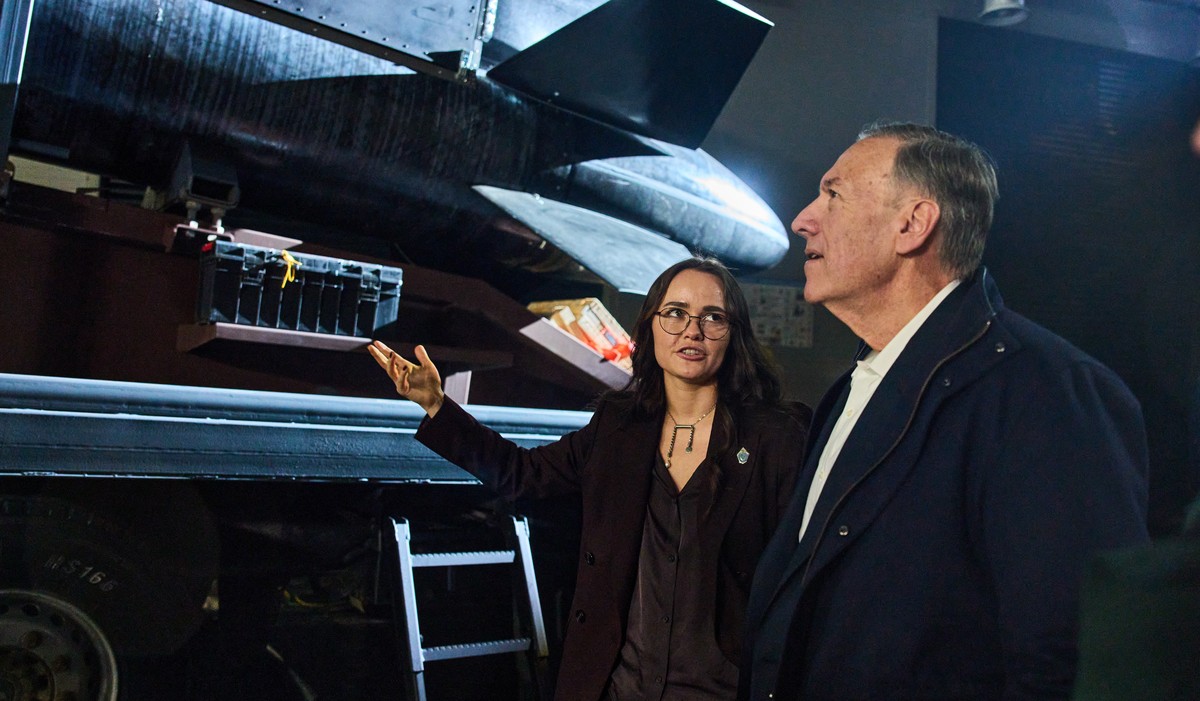Former U.S. Secretary of State Mike Pompeo, right, who has joined the advisory board of Ukraine's leading defense company Fire Point, inspects a Flamingo missile with Chief Technology Officer Iry ...