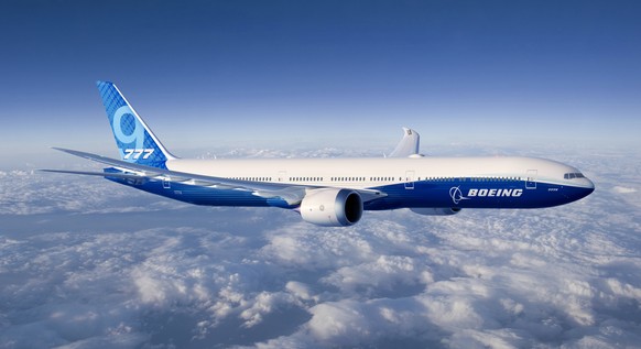 epa07440548 An undated handout photo made available by Boeing shows a computer-generated image (CGI) of a Boeing 777X - 9 in blue Boeing livery (issued 15 March 2019). EPA/BOEING / HANDOUT HANDOUT EDI ...