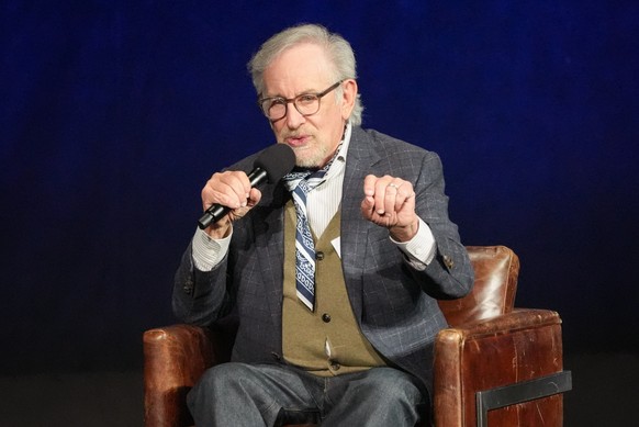 Steven Spielberg, winner of the MPA America250 Award, speaks during the Universal Pictures and Focus Features presentation at CinemaCon on Wednesday, April 15, 2026, at Caesars Palace in Las Vegas. (A ...