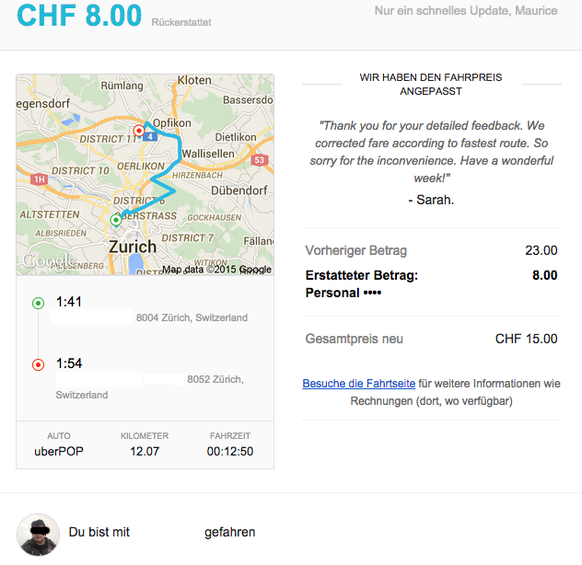 Der Uber-Fahrer macht einen schönen Umweg über die Autobahn. Soll er doch, ich bezahle nicht dafür.