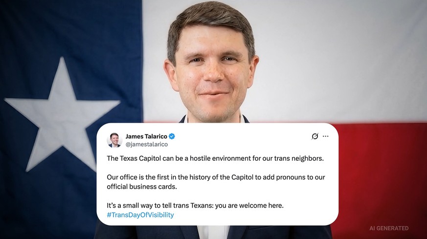 Der Fake-Talarico liest alte Tweets des echten Politikers vor. Der Vermerk rechts unten, dass es sich um ein KI-generiertes Video handelt, ist kaum sichtbar.