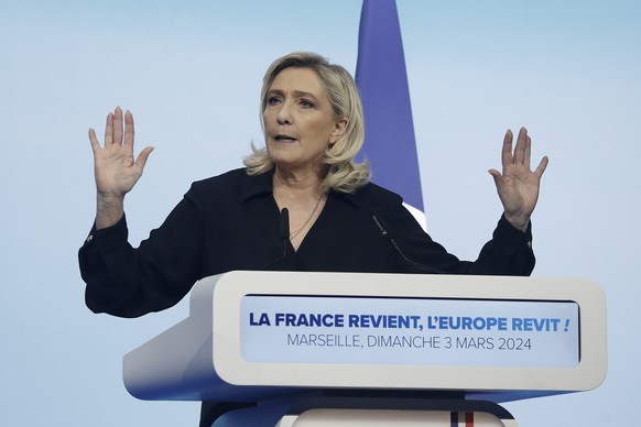epa11196775 Marine Le Pen, Member of Parliament and parliamentary leader of the French far-right National Rally party (RN-Rassemblement National in French) delivers a speech as the party launches Euro ...