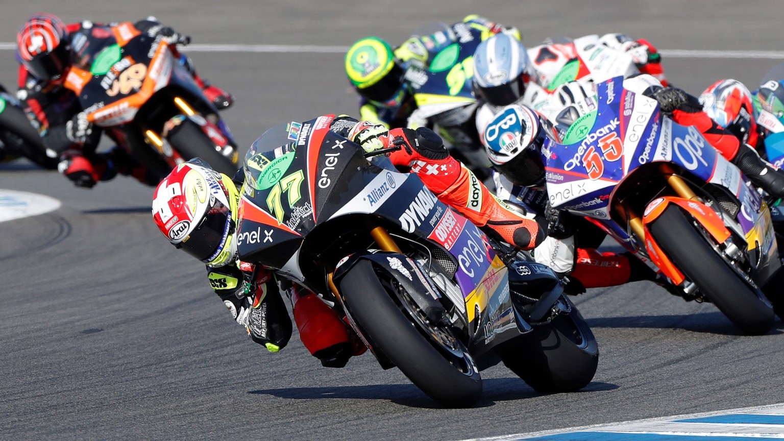 epa08566589 Swiss MotoE rider Dominique Aegerter (front), Dynavolt Inteact GP, leads the MotoE race in Jerez-Angel Nieto circuit in Jerez de la Frontera, Spain, 26 July 2020, during the Motorcycling G ...