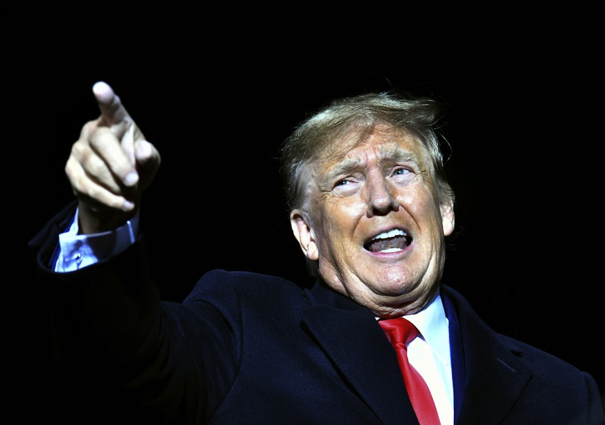 Former President Donald Trump speaks during a rally for Georgia GOP candidates at Banks County Dragway in Commerce, Ga., Saturday, March 26, 2022. (Hyosub Shin/Atlanta Journal-Constitution via AP)