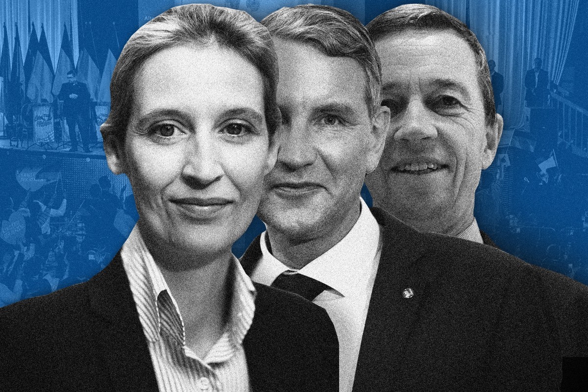 Alice Weidel, Björn Höcke, Bernd Lucke der AfD (Alternative für Deutschland) überblenden eine Veranstaltung an der Alice Weidel eine Rede hält.