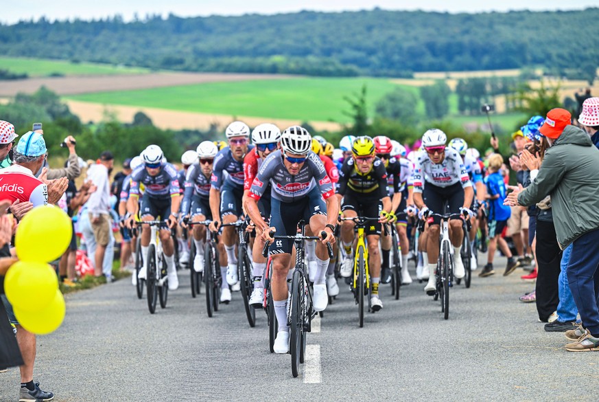 Tour de France 2025 Stage 2 BOULOGNE-SUR-MER, FRANCE - JULY 06 : Dillier Silvan (CHE) of Alpecin-Deceuninck leading the peloton during stage 2 of the 112th edition of Tour de France an UCI World Tour  ...