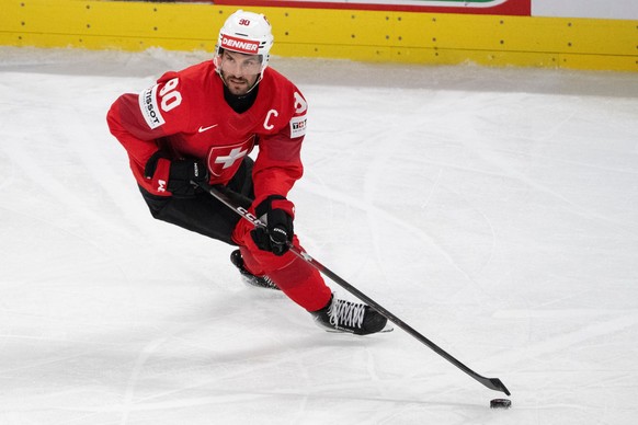 Switzerland's Roman Josi in action during the Group A preliminary round game between Switzerland and Latvia at the men's ice hockey world championship, Saturday, May 16, 2026, in Zurich. (Cl ...
