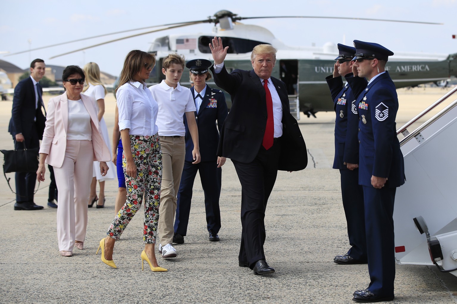 President Donald Trump, first lady Melania Trump, their son Barron and mother-in-law Amalija Knavs, board Air Force One at Andrews Air Force Base, Md., Friday, June 29, 2018, for a trip to Bedminster, ...