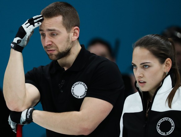 epa06519469 Anastasia Bryzgalova and Alexander Krushelnitskiy (R) of Olympic Athletes of Russia in the Mixed Doubles Bronze Medal match between Norway and Olympic Athletes of Russia at the Gangneung C ...