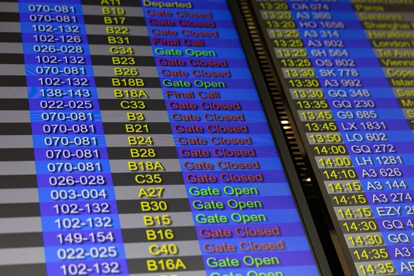 A flight information board is pictured in detail inside Athens' Eleftherios Venizelos international airport in Athens, Greece, Sunday, Jan. 4, 2026, as many flights were disrupted across Greece.  ...