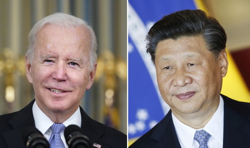 FILE - This combination image shows U.S. President Joe Biden in Washington, Nov. 6, 2021, and China&#039;s President Xi Jinping in Brasília, Brazil, Nov. 13, 2019. Americans are increasingly seeing Ch ...