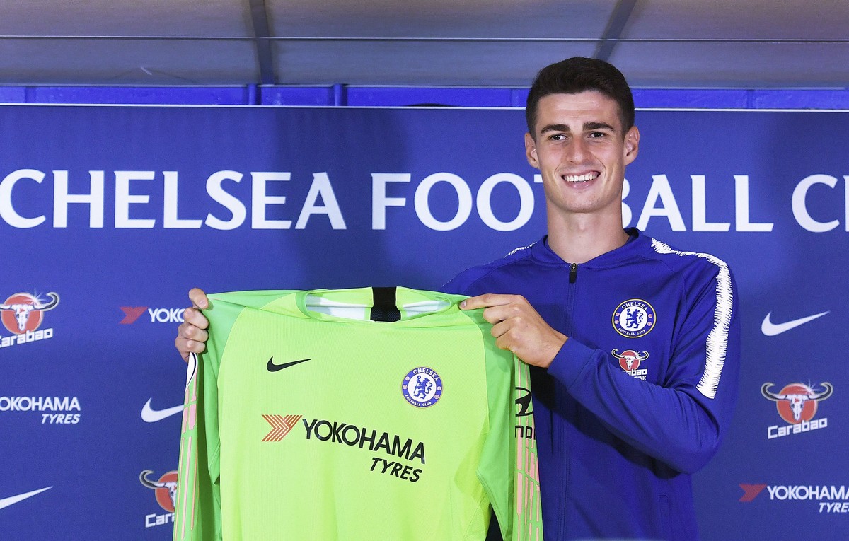 Chelsea's new goalkeeper Kepa Arrizabalaga is unveiled during the press conference at Stamford Bridge, London, Thursday, Aug. 9, 2018. Chelsea has signed Athletic Bilbao goalkeeper Kepa Arrizabal ...