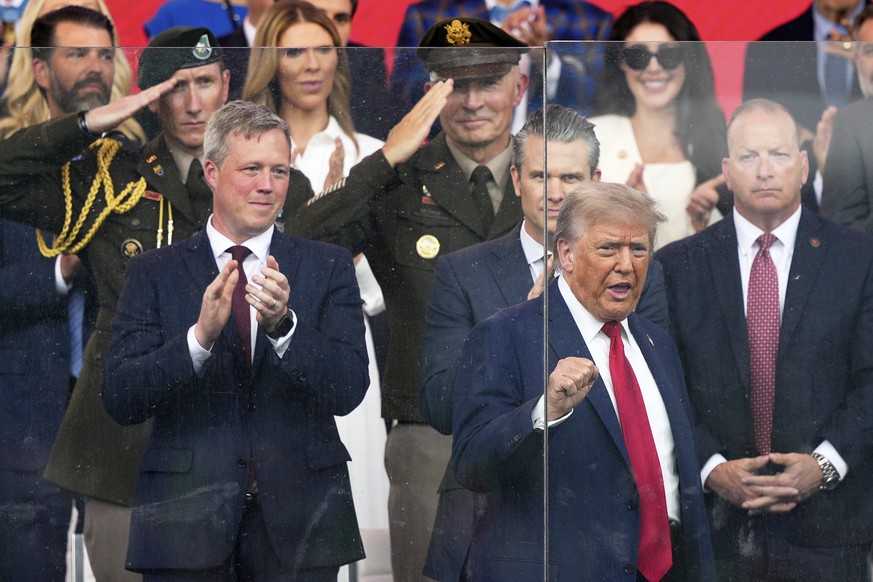 President Donald Trump arrives for a military parade commemorating the Army's 250th anniversary, coinciding with his 79th birthday, Saturday, June 14, 2025, in Washington, as Secretary of the Arm ...