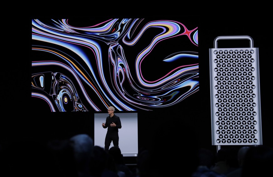 epa07623274 Apple CEO Tim Cook speaks about the new Mac Pro during the keynote address at the Apple World Wide Developers Conference at the McEnery Convention Center in San Jose, California, USA, 03 J ...