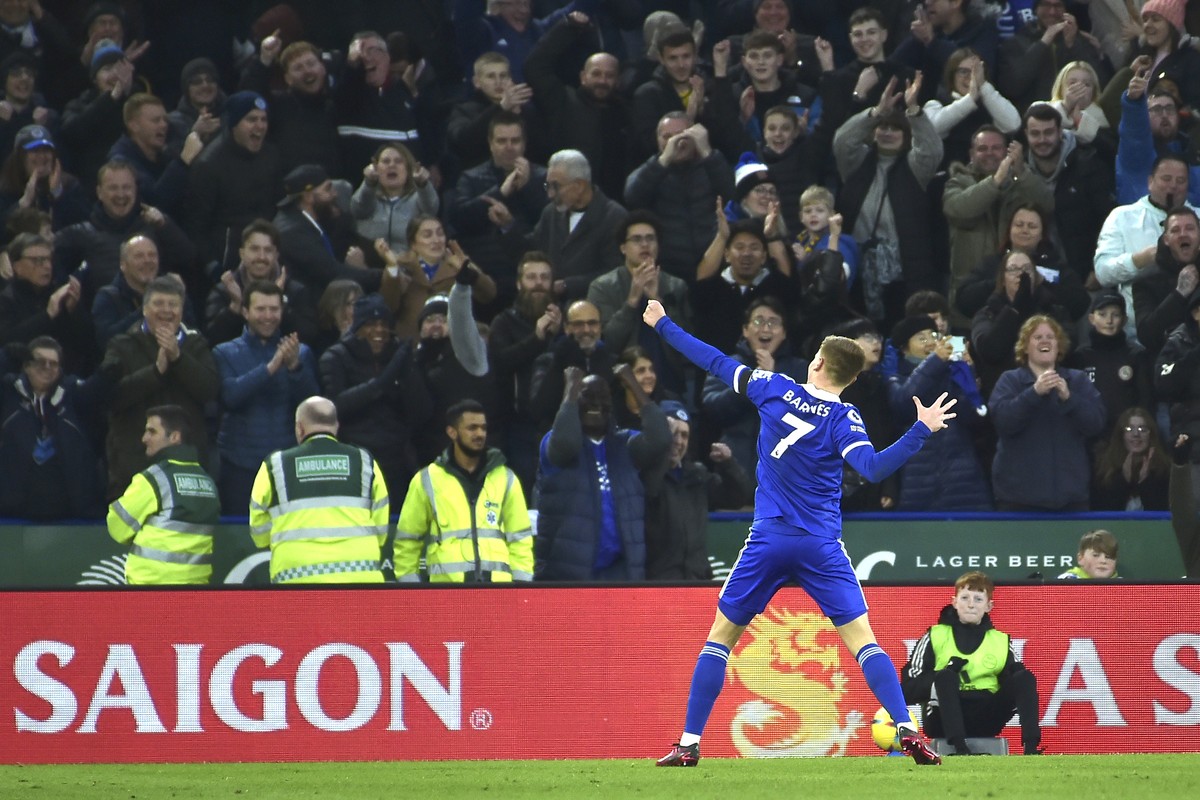 Leicester's Harvey Barnes celebrates after scoring his side's fourth goal during the English Premier League soccer match between Leicester City and Tottenham Hotspur at King Power stadium in ...