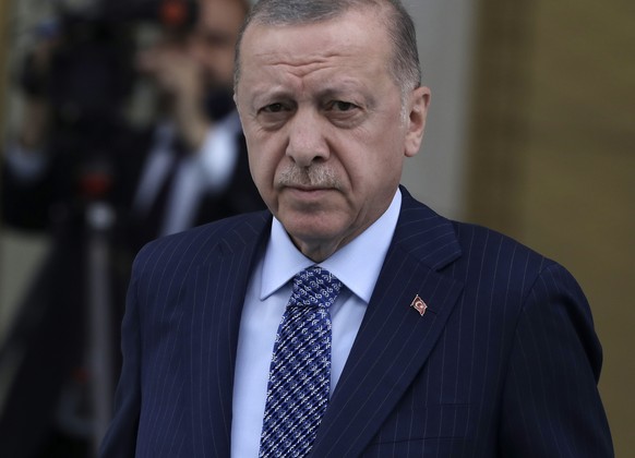 Turkish President Recep Tayyip Erdogan arrives for a ceremony at the presidential palace, in Ankara, Turkey, Monday, May 16, 2022. Erdogan has thrown a spanner in the works of Sweden and Finland&#039; ...