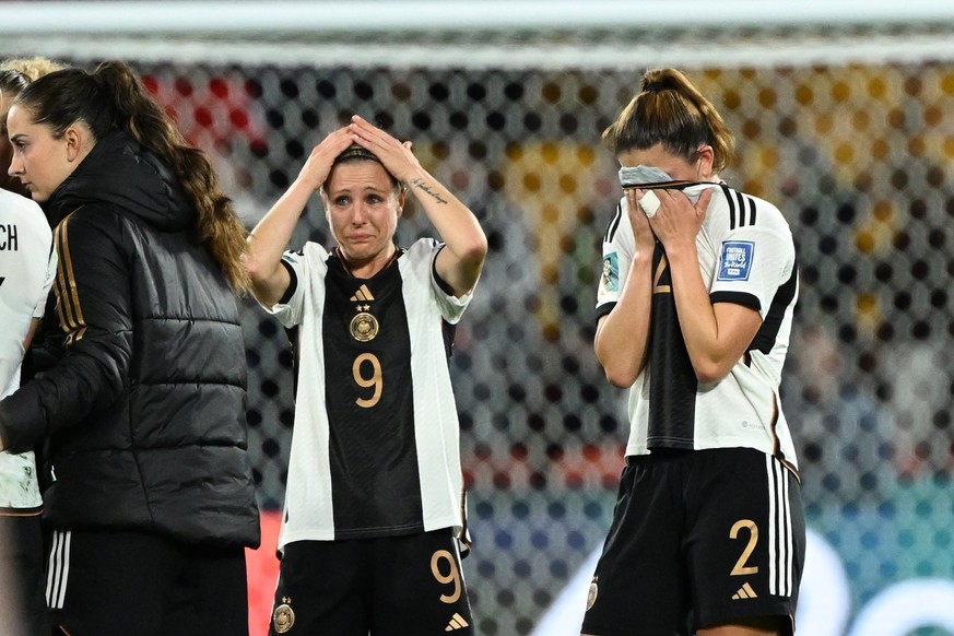 epa10782946 Svenja Huth and Chantal Hagel (R) of Germany react following the FIFA Women&#039;s World Cup 2023 soccer match between South Korea and Germany at Brisbane Stadium in Brisbane, Australia, 0 ...