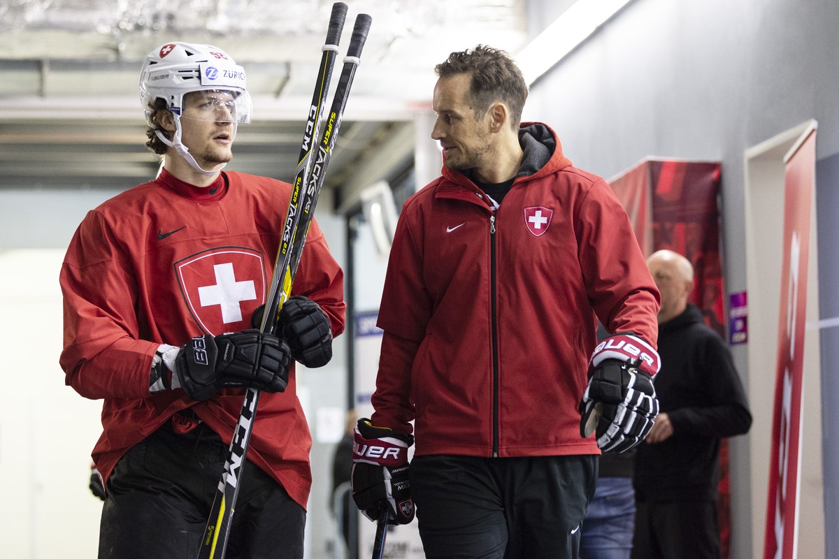 Switzerland's Gaetan Haas and Switzerland's coach Patrick Fischer during a training session of the Swiss team at the IIHF 2019 World Ice Hockey Championships, at the Ondrej Nepela Arena in B ...