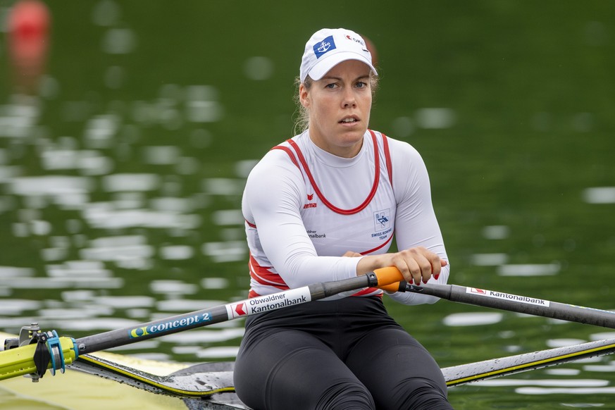 Jeanine Gmelin from Switzerland at the Women's single sculls race at the Rowing World Cup on Lake Rotsee in Lucerne, Switzerland, Friday, May 21, 2021. (KEYSTONE/Urs Flueeler)