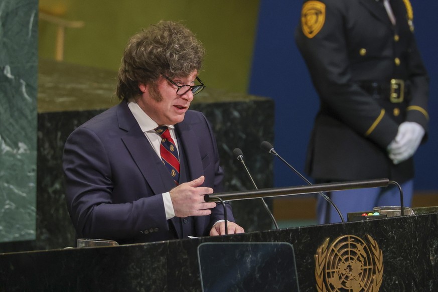epa13257977 President of Argentina Javier Gerardo Milei speaks during the General Debate of the 81st session of the United Nations General Assembly at United Nations Headquarters in New York, New York ...