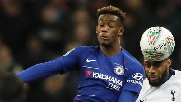 Chelsea&#039;s Callum Hudson-Odoi, left, and Tottenham&#039;s Danny Rose challenge for the ball during the English League Cup semifinal first leg soccer match between Tottenham Hotspur and Chelsea at  ...