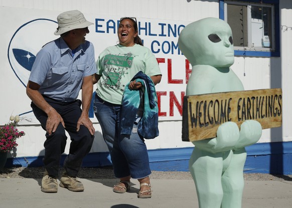 Little A&#039;Le&#039;Inn owner Connie West, right, laughs with Kirk Schultz outside of the bar and restaurant, Wednesday, Sept. 18, 2019, in Rachel, Nev. The the two were helping to prepare for upcom ...