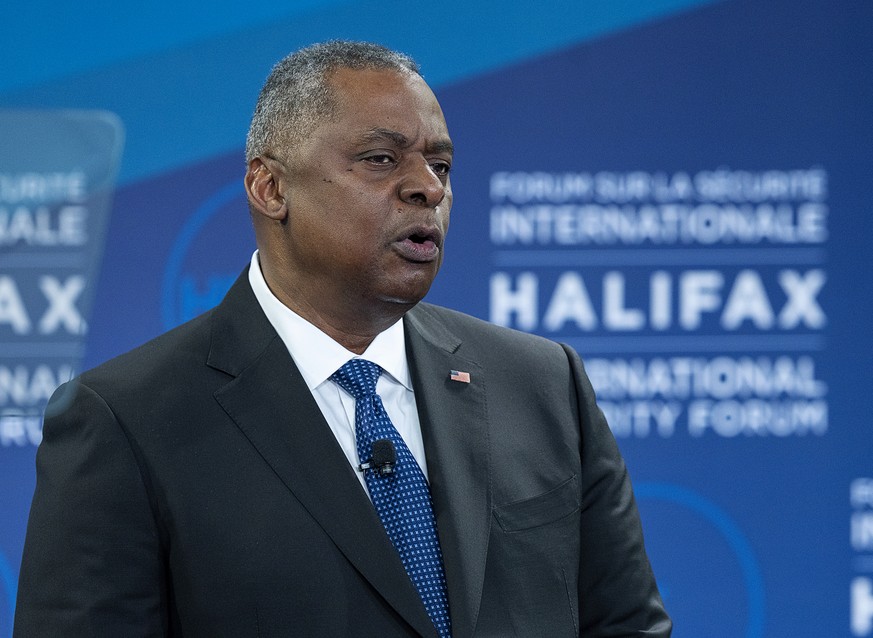 U.S. Secretary of Defense Lloyd J. Austin III delivers remarks at the Halifax International Security Forum in Halifax on Saturday, Nov.19, 2022. (Andrew Vaughan/The Canadian Press via AP)