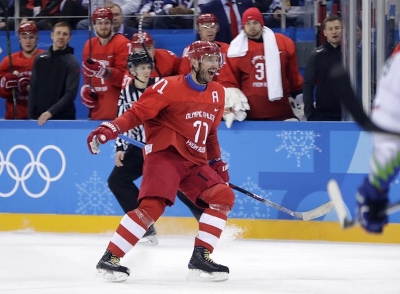Russian athlete Ilya Kovalchuk (71) celebrates his goal against Slovenia during the second period of the preliminary round of the men&#039;s hockey game at the 2018 Winter Olympics in Gangneung, South ...