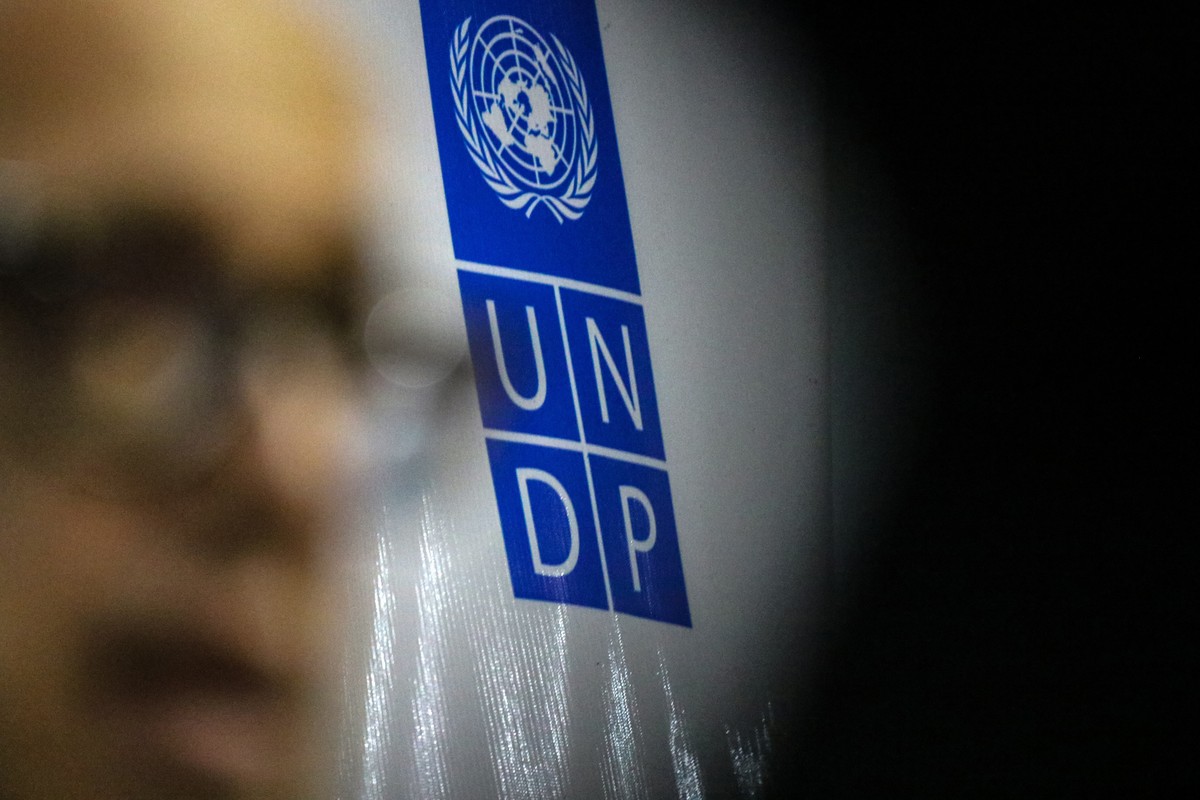 epa12697430 A panaflex featuring the UNDP logo stands at the venue of a meeting of UN and WHO officials in Kabul, Afghanistan, 01 February 2026. A new report from the United Nations Office on Drugs an ...