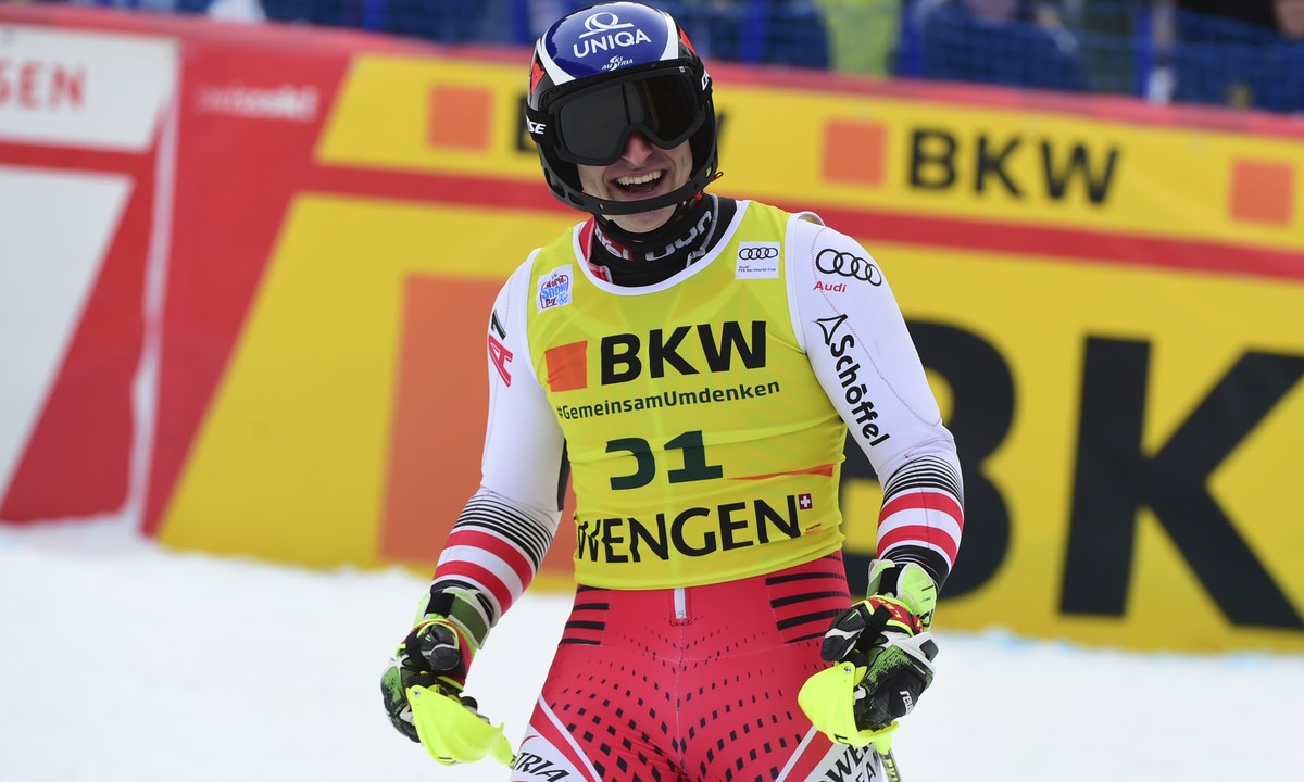 Austria's Matthias Mayer arrives at the finish area during an alpine ski, men's World Cup combined in Wengen, Switzerland, Friday, Jan. 17, 2020. (AP Photo/Marco Tacca)
