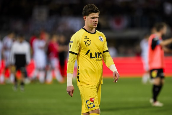 Deception du gardien du FC Wil Nicholas Ammeter lors de la rencontre de football de Challenge League entre FC Sion et FC Wil le vendredi 6 octobre 2023 au stade de Tourbillon a Sion. (KEYSTONE/Jean-Ch ...