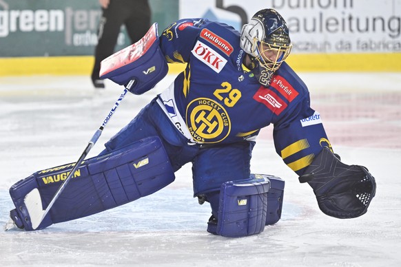 Torhueter Sandro Aeschlimann (HCD) beim Eishockey Spiel der National League zwischen dem HC Davos und den SCL Tigers, am Dienstag, 29. Oktober 2024, im Eisstadion in Davos. (KEYSTONE/Gian Ehrenzeller)
