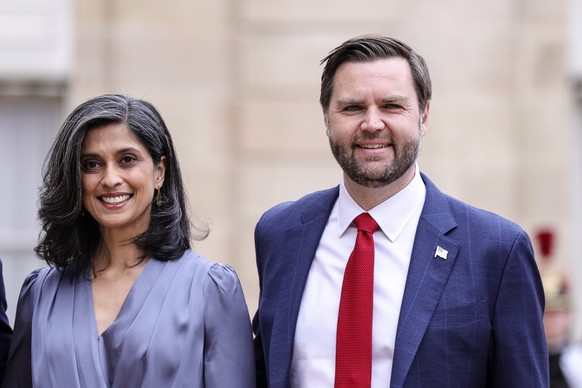 epa11888084 Vice President of the United States James David &#039;JD&#039; Vance (R) and his wife Usha Vance (L) pose for pictures at the Elysee Palace in Paris, France, 11 February 2025. EPA/Teresa S ...