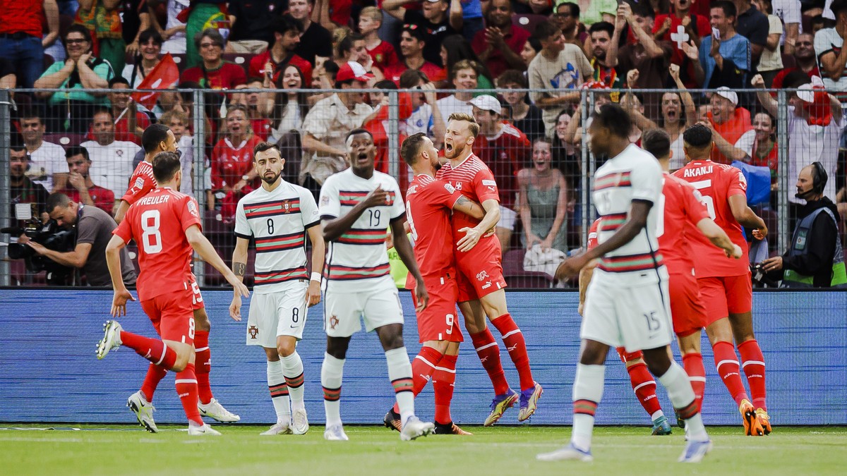 Switzerland's forward Haris Seferovic, center left, celebrates with teammates after socring a goal during the UEFA Nations League group A2 soccer match between Switzerland and Portugal at the Sta ...