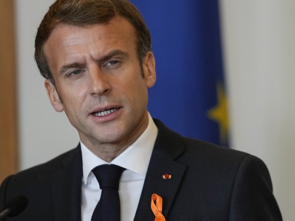 French President Emmanuel Macron speaks to the media during a joint press conference with Croatian President Zoran Milanovic in Zagreb, Croatia, Thursday, Nov. 25, 2021. Croatia&#039;s government has  ...