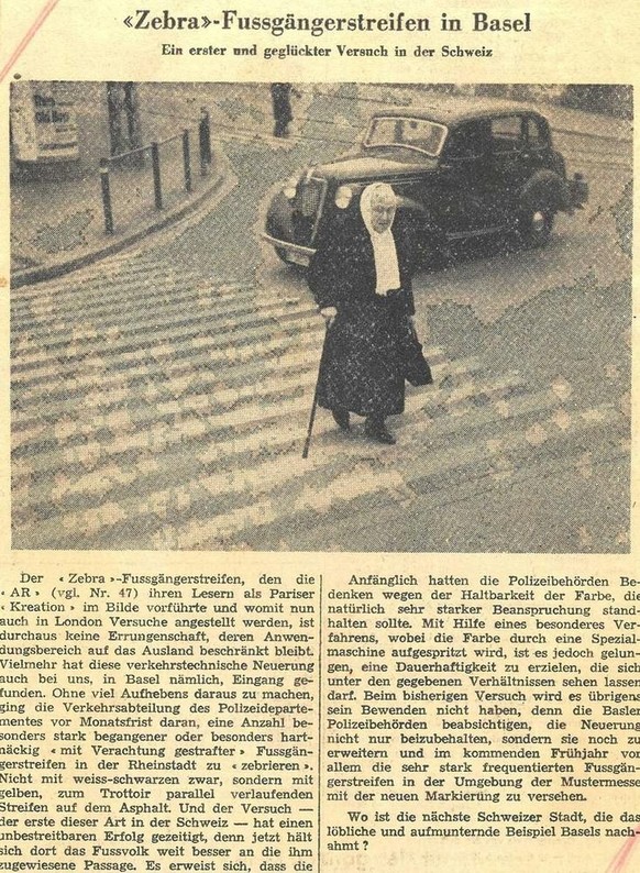 Artikel zum ersten «Zebra-Fussgängerstreifen» der Schweiz in der Automobil Revue, 1948.
https://www.recherche.bar.admin.ch/recherche/#/de/archiv/einheit/5075034