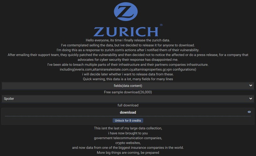 Ein Krimineller versucht erbeutete Daten spanischer Zurich-Kunden im Darknet zu verkaufen.