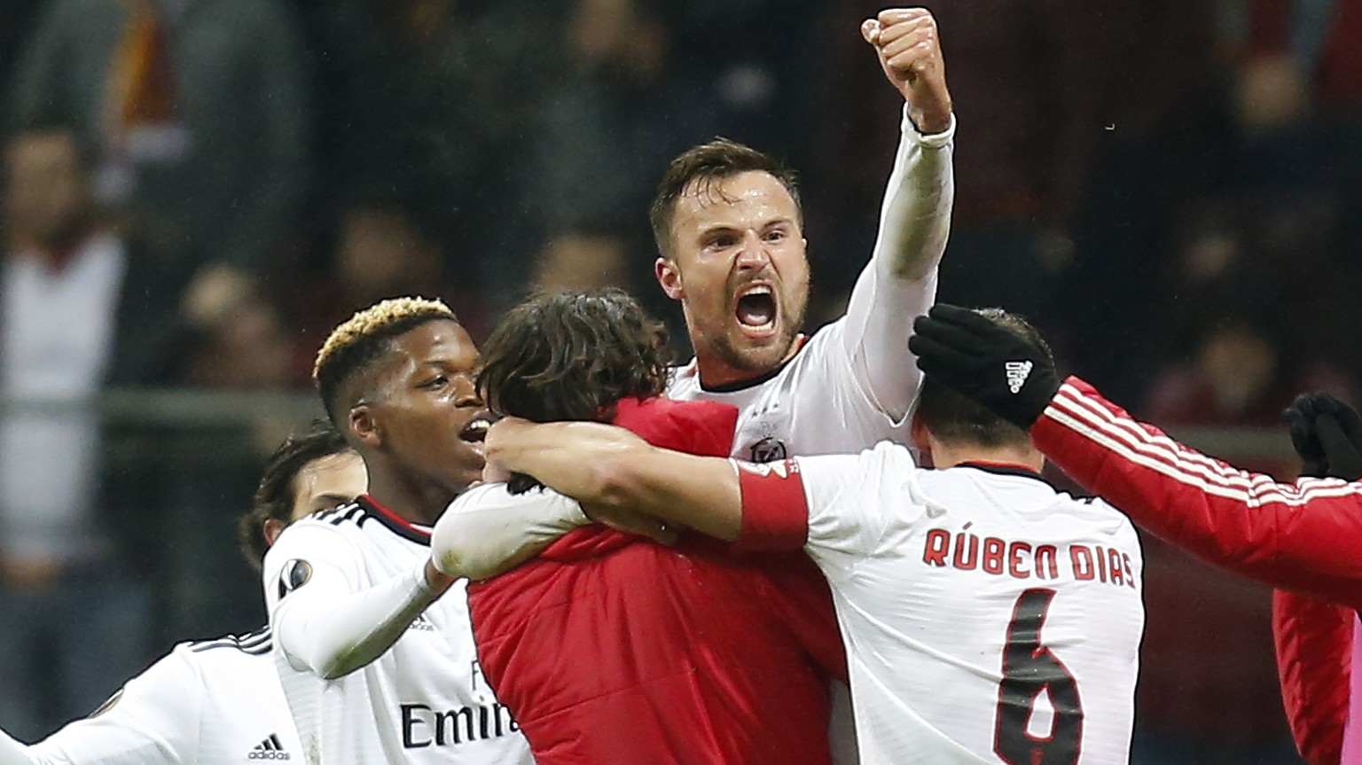 Benfica&#039;s Haris Seferovic celebrates his goal against Galatasaray during the Europa League round of 32 soccer match between Galatasaray and Benfica, in Istanbul, Thursday, Feb. 14, 2019. (AP Phot ...