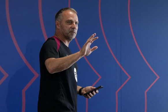 epa12108904 FC Barcelona&#039;s head coach Hansi Flick during the press conference held after the training of the team held at Sant Joan Despi Sports Complex in Barcelona, Spain on 17 May 2025. FC Bar ...