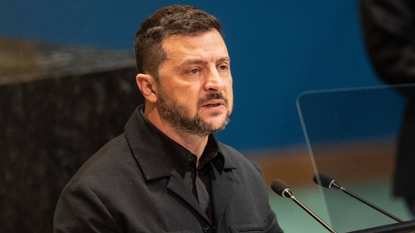 September 24, 2025, New York, New York, USA: President Volodymyr Zelenskyy of Ukraine speaks during 80th session of United Nations General Assembly at UN Headquarters in New York, NY on September 24,  ...