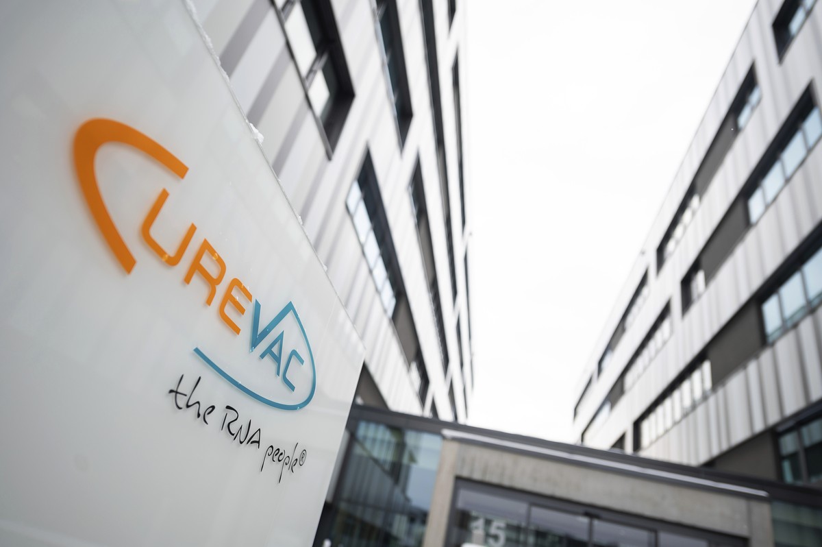 The logo of the biotech company Curevac with slogan "the RNA people" is displayed at the company headquarters in Tuebingen, Germany, Thursday, Jan. 7, 2021. U.K.-based drugmaker GlaxoSmithKl ...