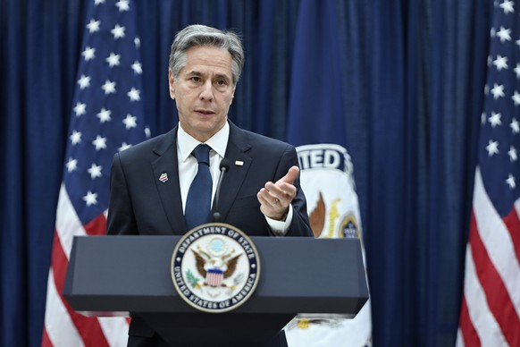 Secretary of State Antony Blinken speaks during a memorandum of understanding (MOU) signing ceremony with #AfghanEvac at the National Museum for American Diplomacy in the State Department in Washingto ...