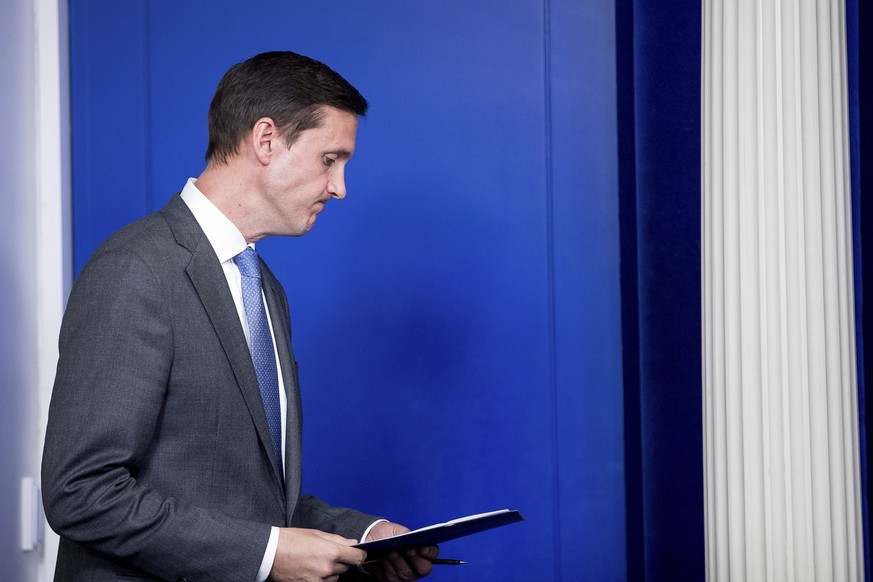 Homeland security adviser Tom Bossert waits to speak about the mass destruction offensive malware, Monday, May 15, 2017, during the daily press briefing at the White House in Washington. (AP Photo/And ...