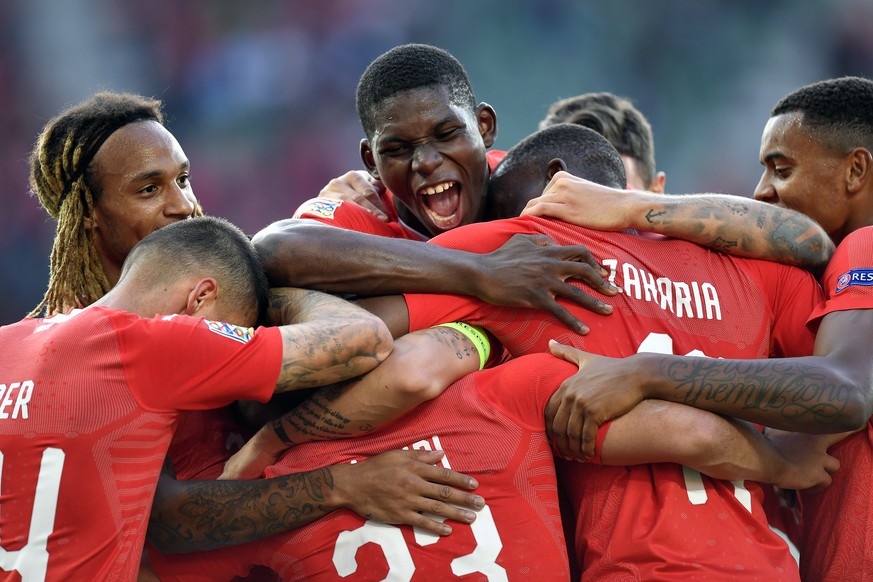 Switzerland&#039;s players celebrates after the third goal during the UEFA Nations League group stage match between Switzerland and Iceland in the Kybunpark stadium in St. Gallen, Switzerland, on Satu ...