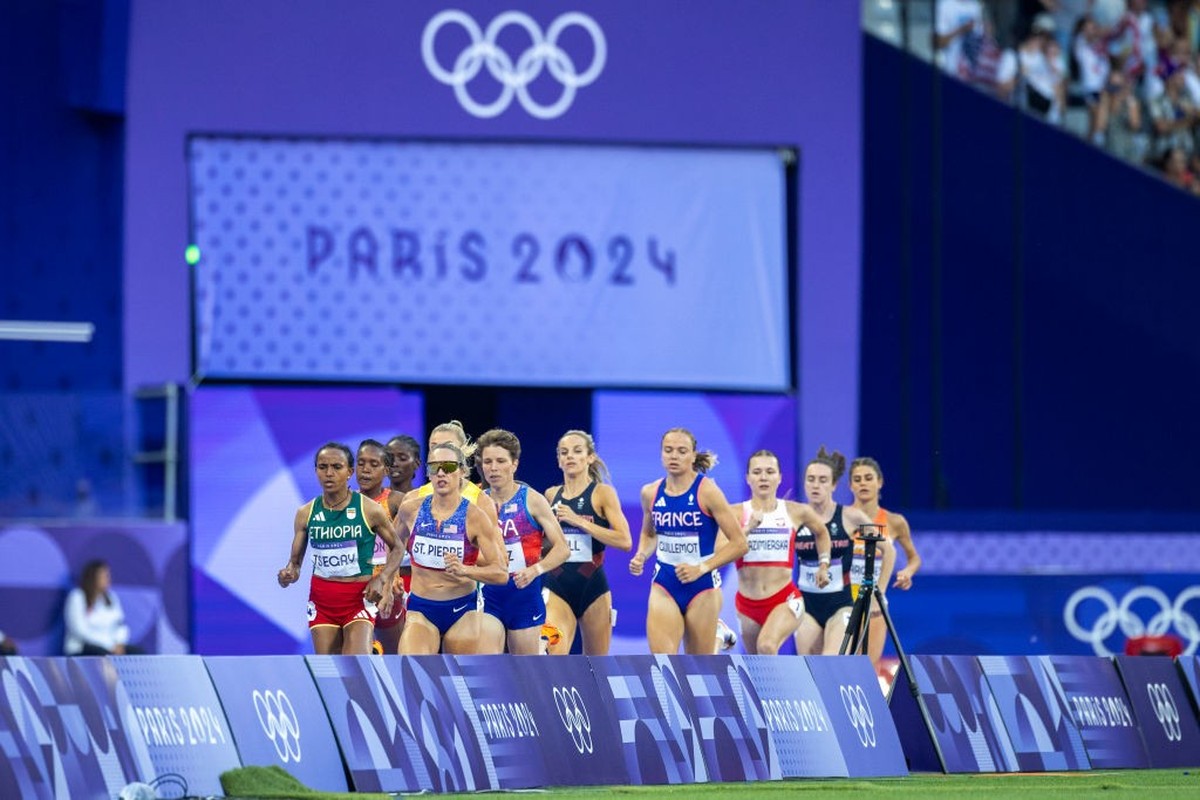 PARIS, FRANCE: AUGUST 10: A general view of the early stages of the Women's 1500m Final won by Faith Kipyegon of Kenya during the Athletics Competition at the Stade de France during the Paris 202 ...
