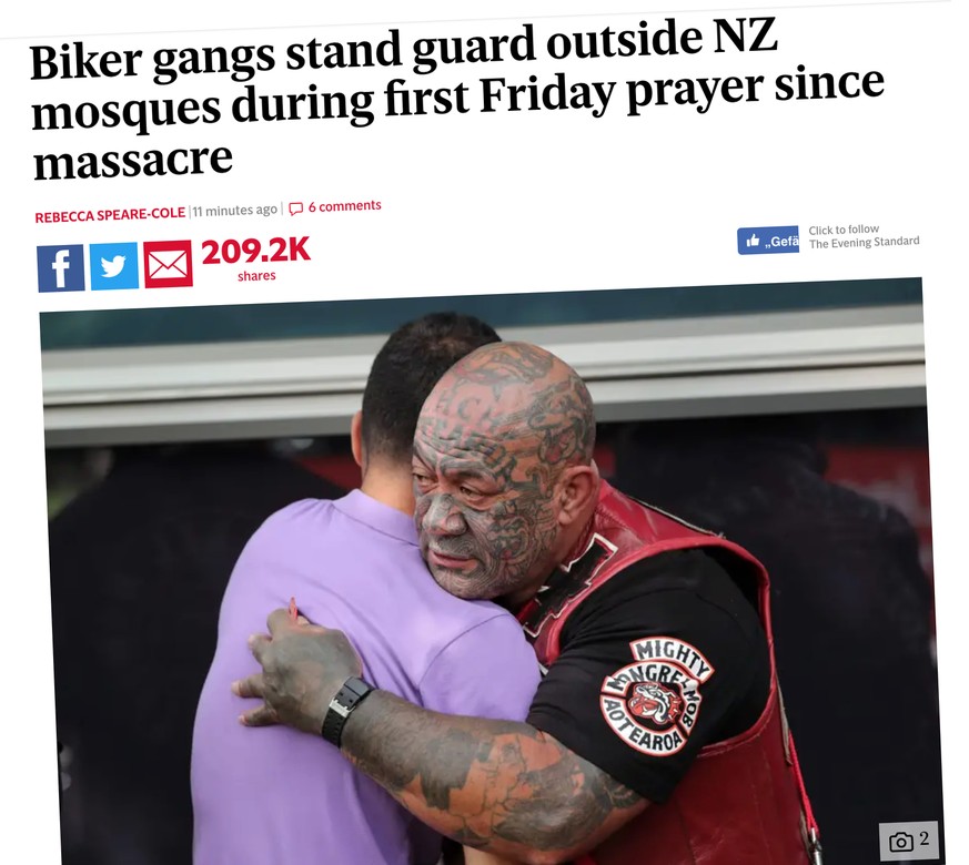 Ein Mitglied des berüchtigten Mongrel Mob bei einer Trauerbekundung.